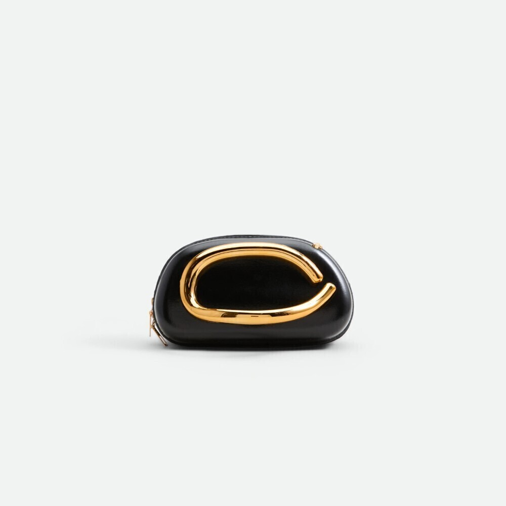 Black Faux Leather Gold Oval Handle Zip Top Evening Bag